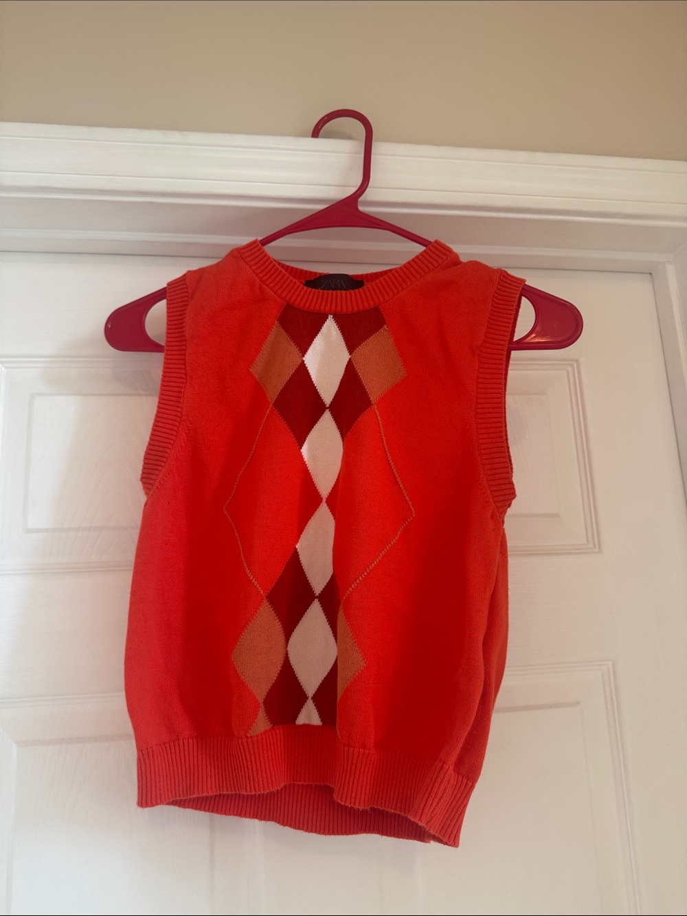 Zara Red-Orange Argyle Sleeveless Sweater Vest